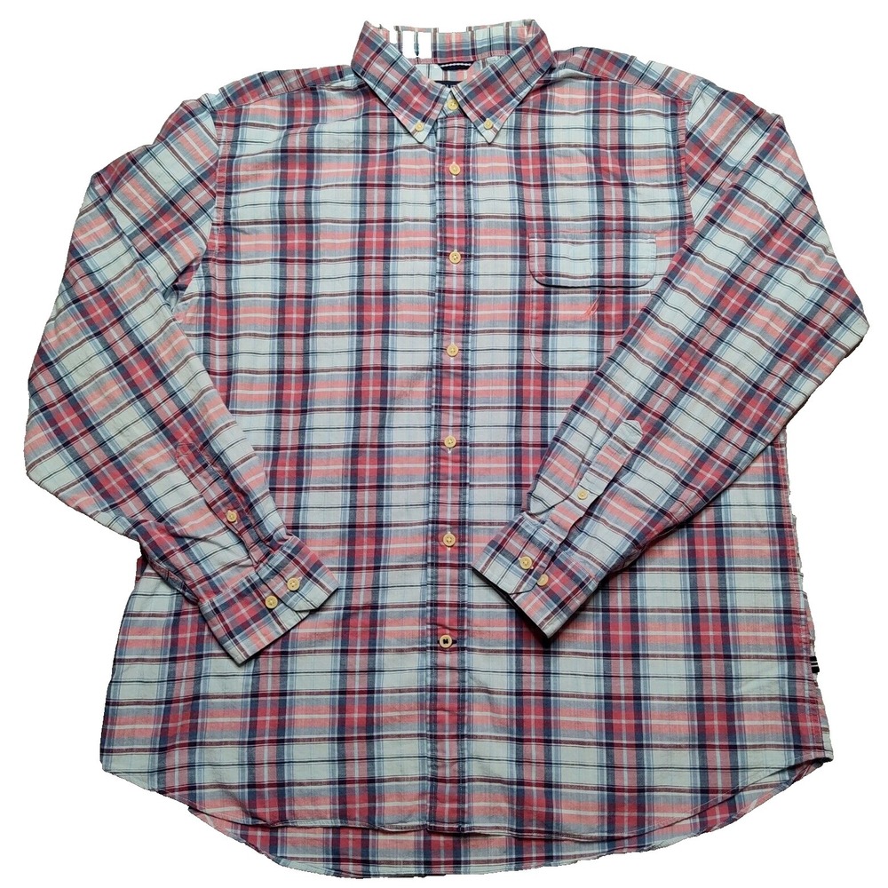 Nautica Classic Fit Men XL Red & Blue Plaid Cotton Long Sleeve Button Shirt